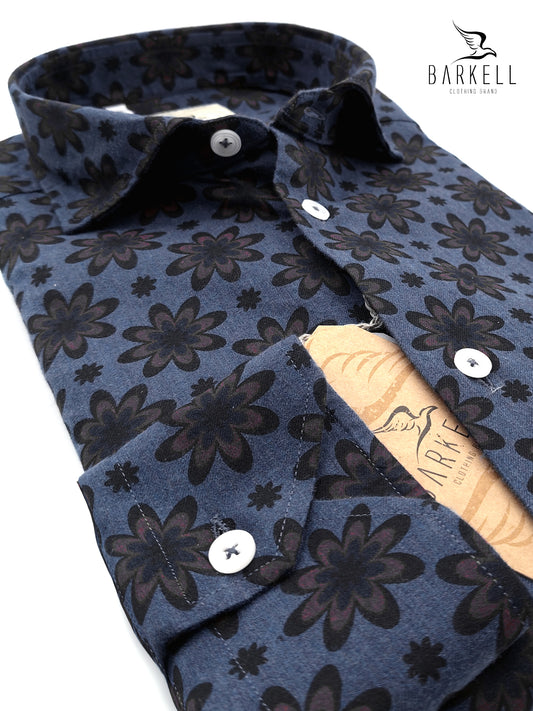 Camicia in Cotone Fantasia Fiore Marrone Fondo Denim Collo Francese Piccolo