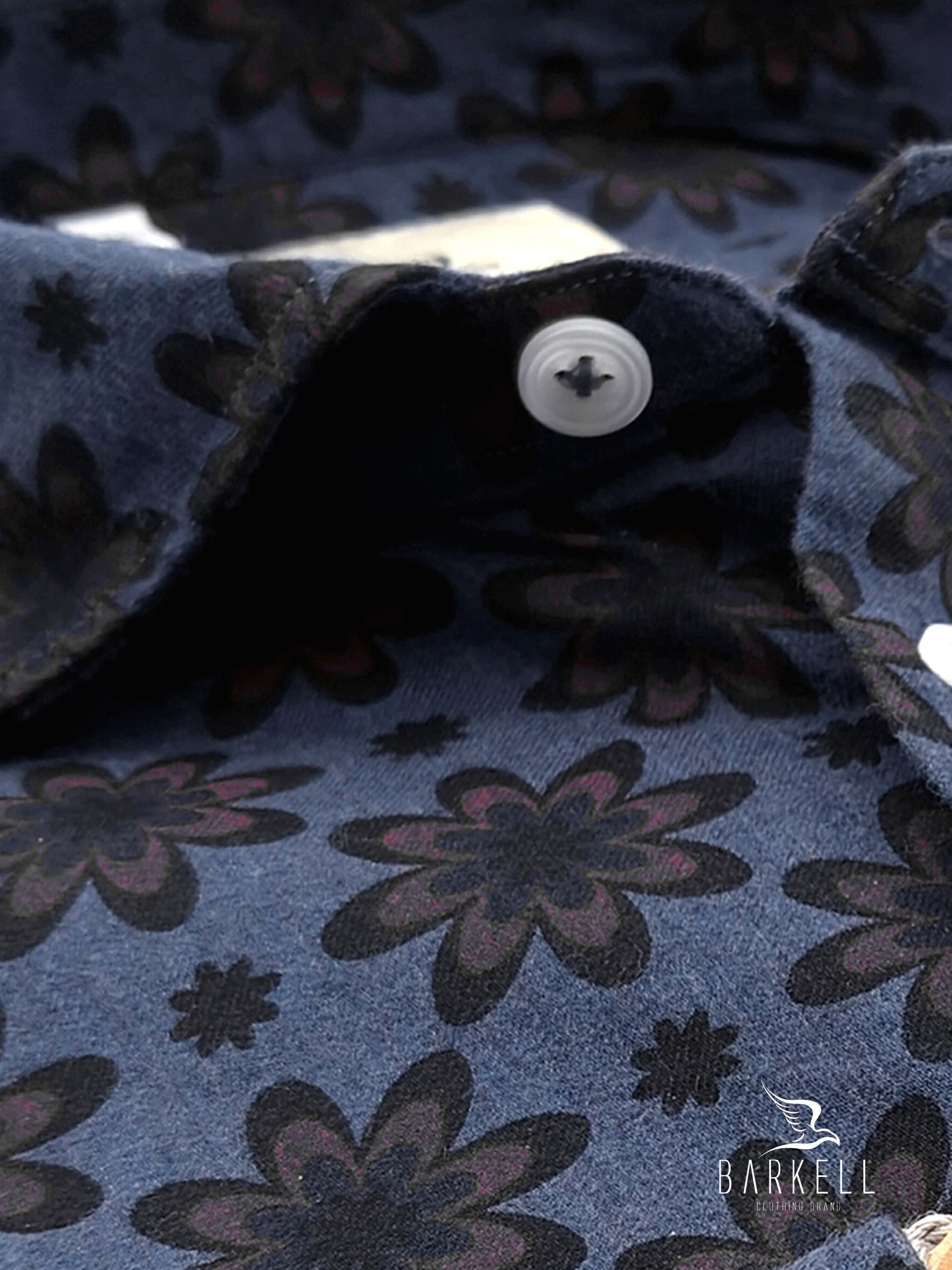 Camicia in Cotone Fantasia Fiore Marrone Fondo Denim Collo Francese Piccolo