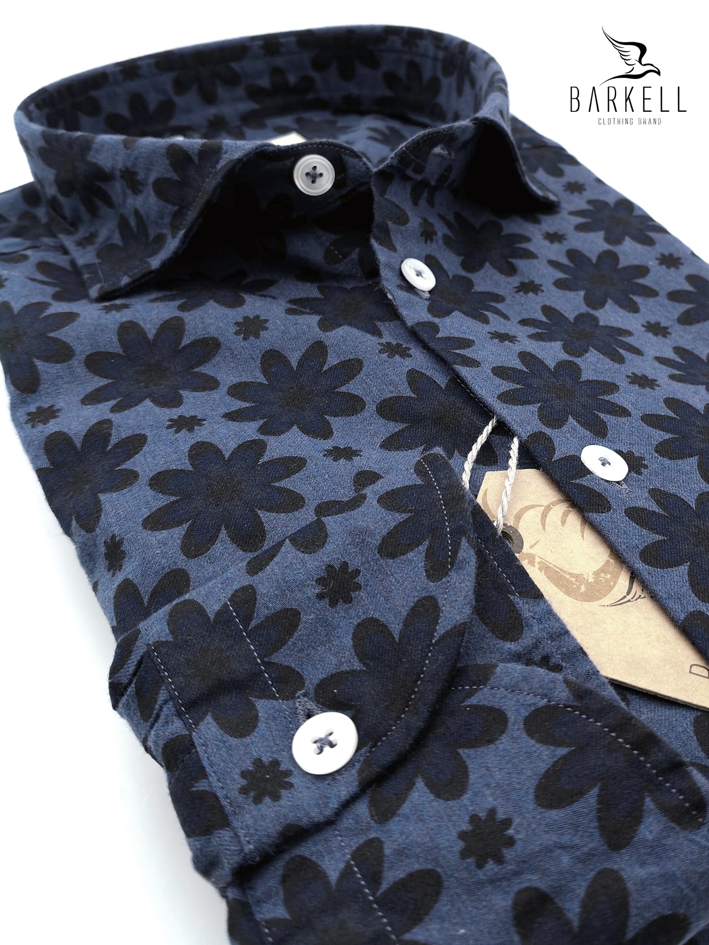 Camicia in Cotone Fantasia Fiore Blu Fondo Denim Collo Francese Piccolo