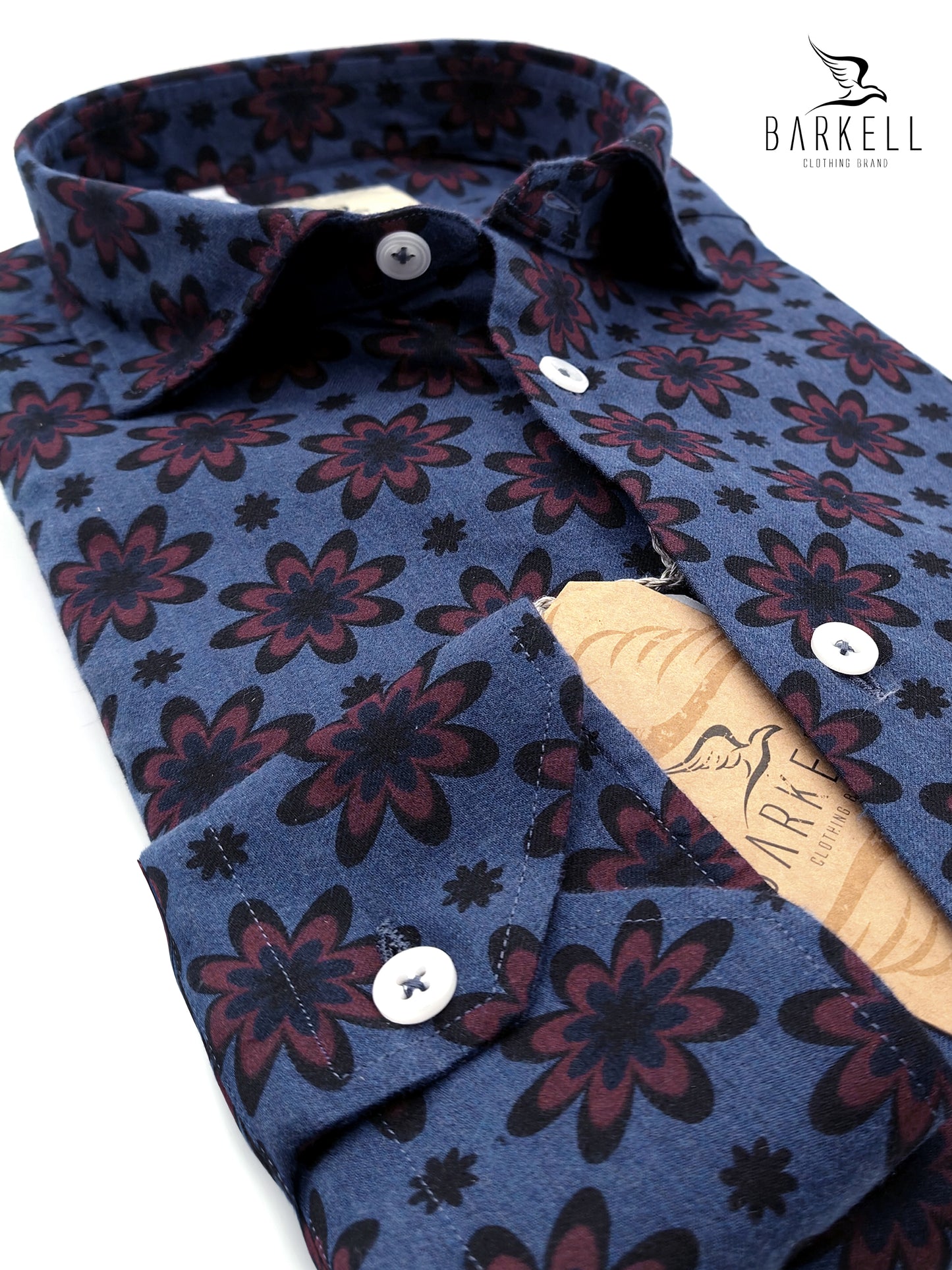 Camicia in Cotone Fantasia Fiore Bordò Fondo Denim Collo Francese Piccolo