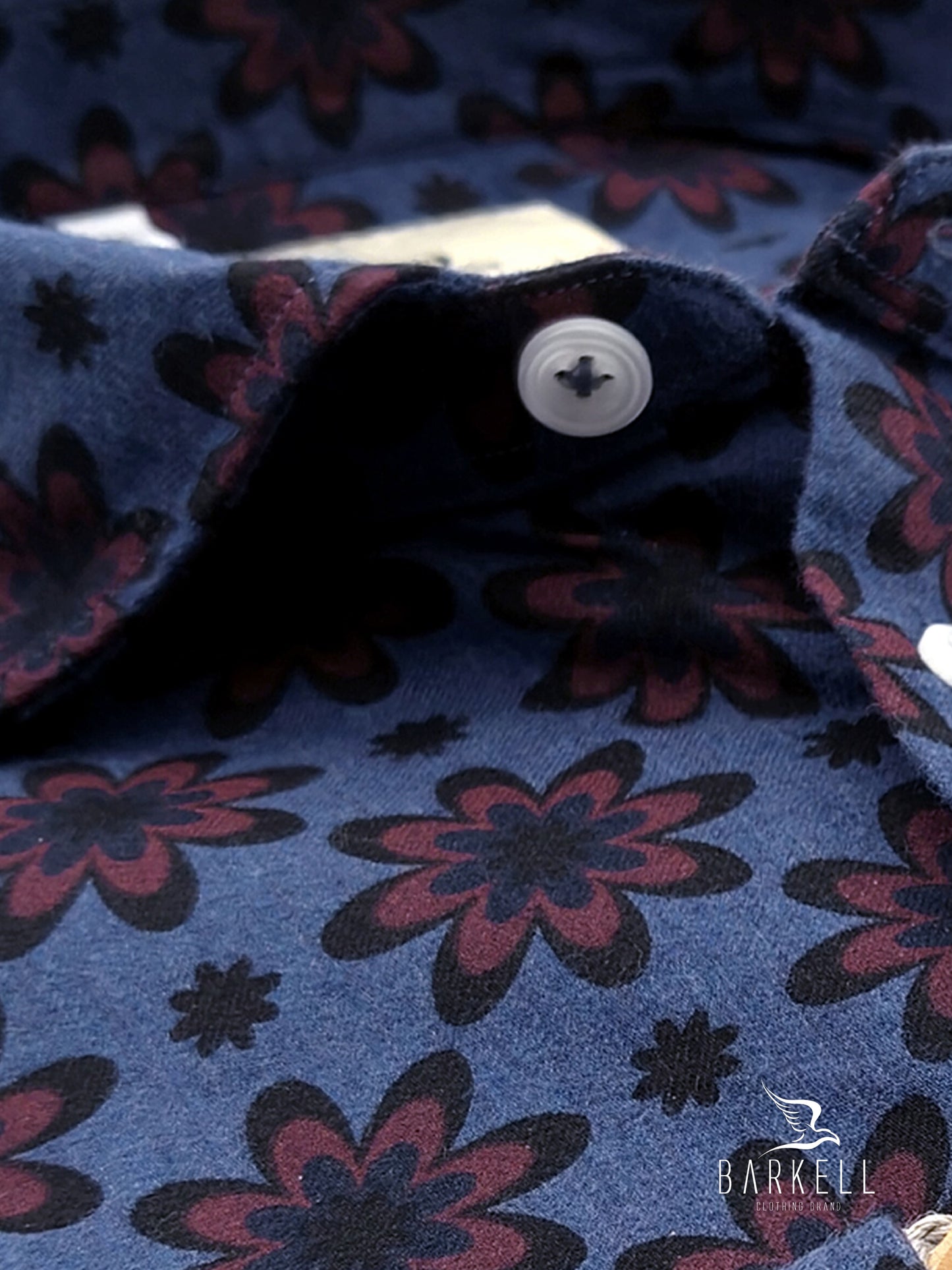 Camicia in Cotone Fantasia Fiore Bordò Fondo Denim Collo Francese Piccolo