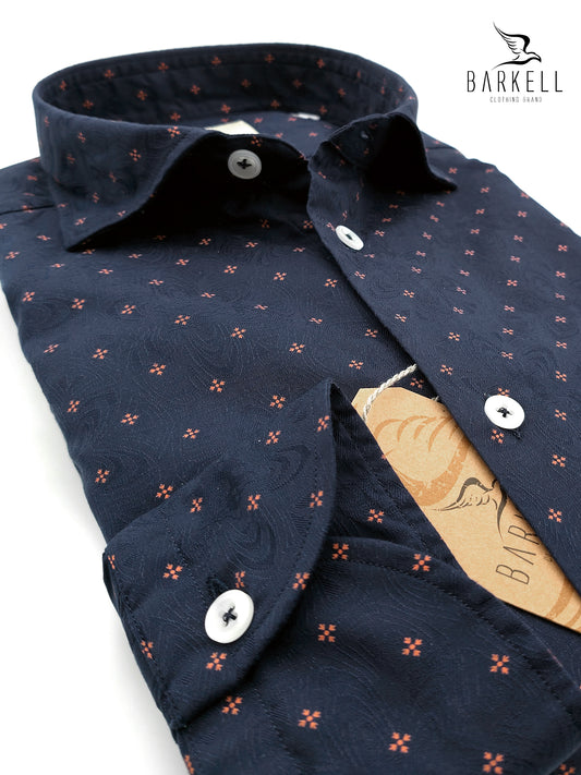 Camicia in Cotone Jacquard Fantasia Geometrica Salmone Fondo Blu Collo Francese Piccolo