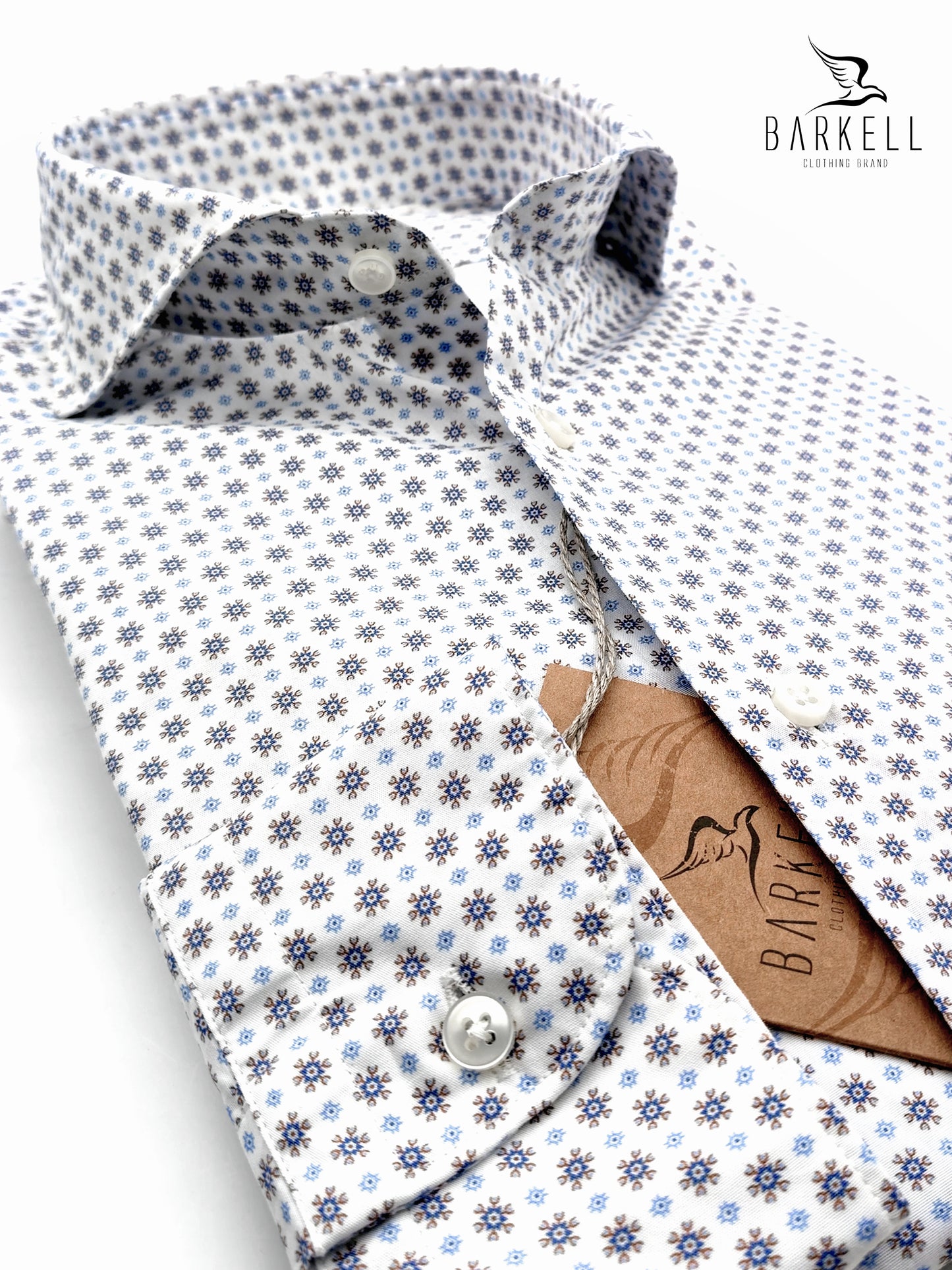 White Geometric Pattern Cotton Shirt with Purple Bottom Cutaway Spread Collar