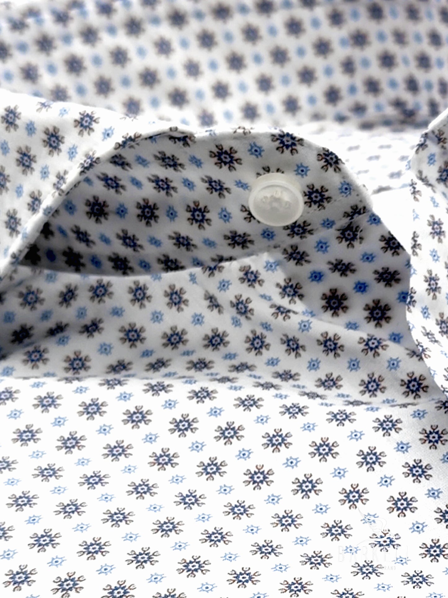 White Geometric Pattern Cotton Shirt with Purple Bottom Cutaway Spread Collar