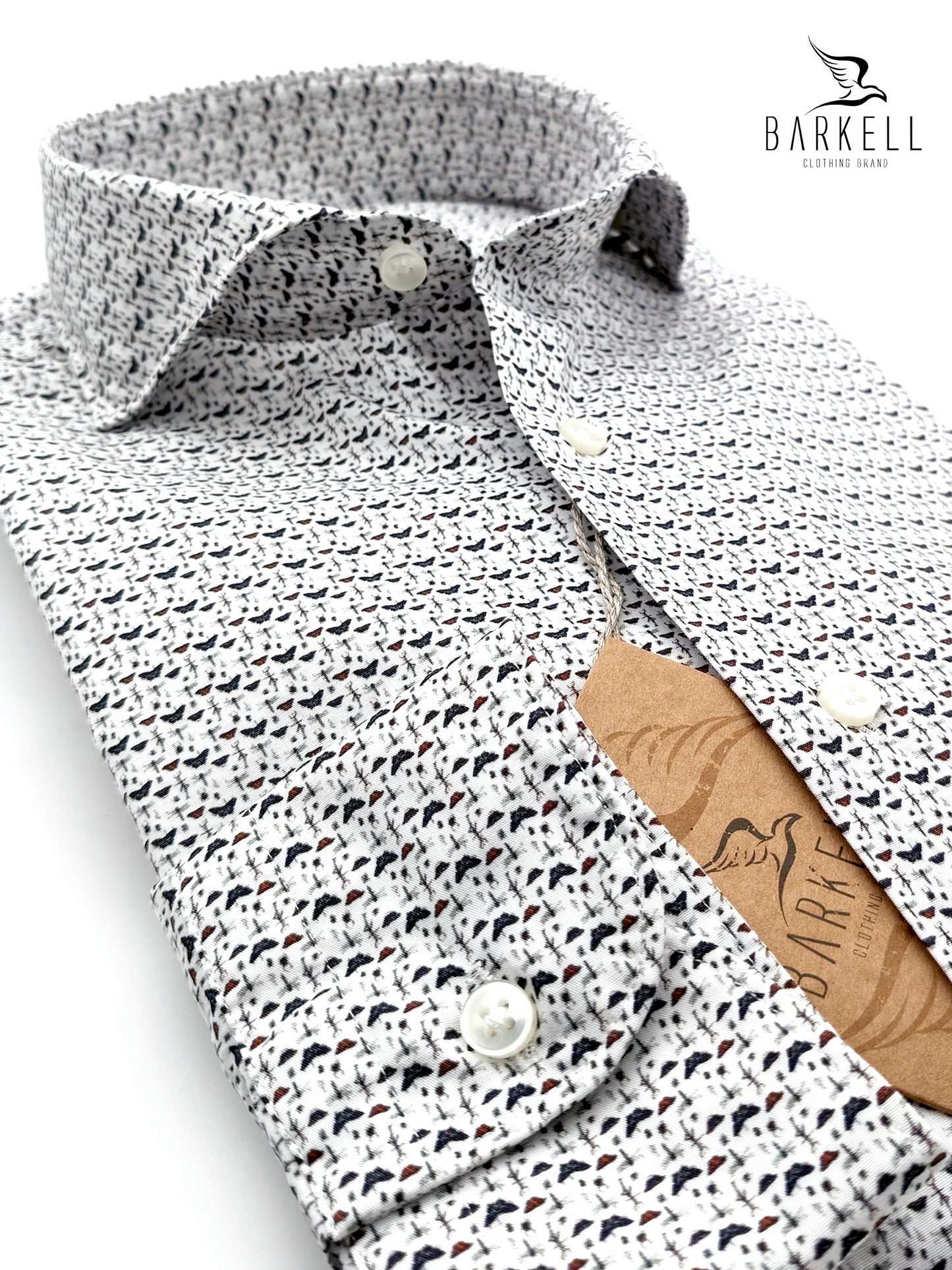 White Geometric Pattern Cotton Shirt with Purple Bottom Cutaway Spread Collar