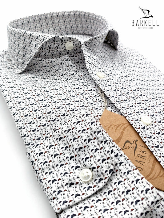 Camicia in Cotone Fantasia Farfalline Multicolore Fondo Bianco Collo Francese Cutaway