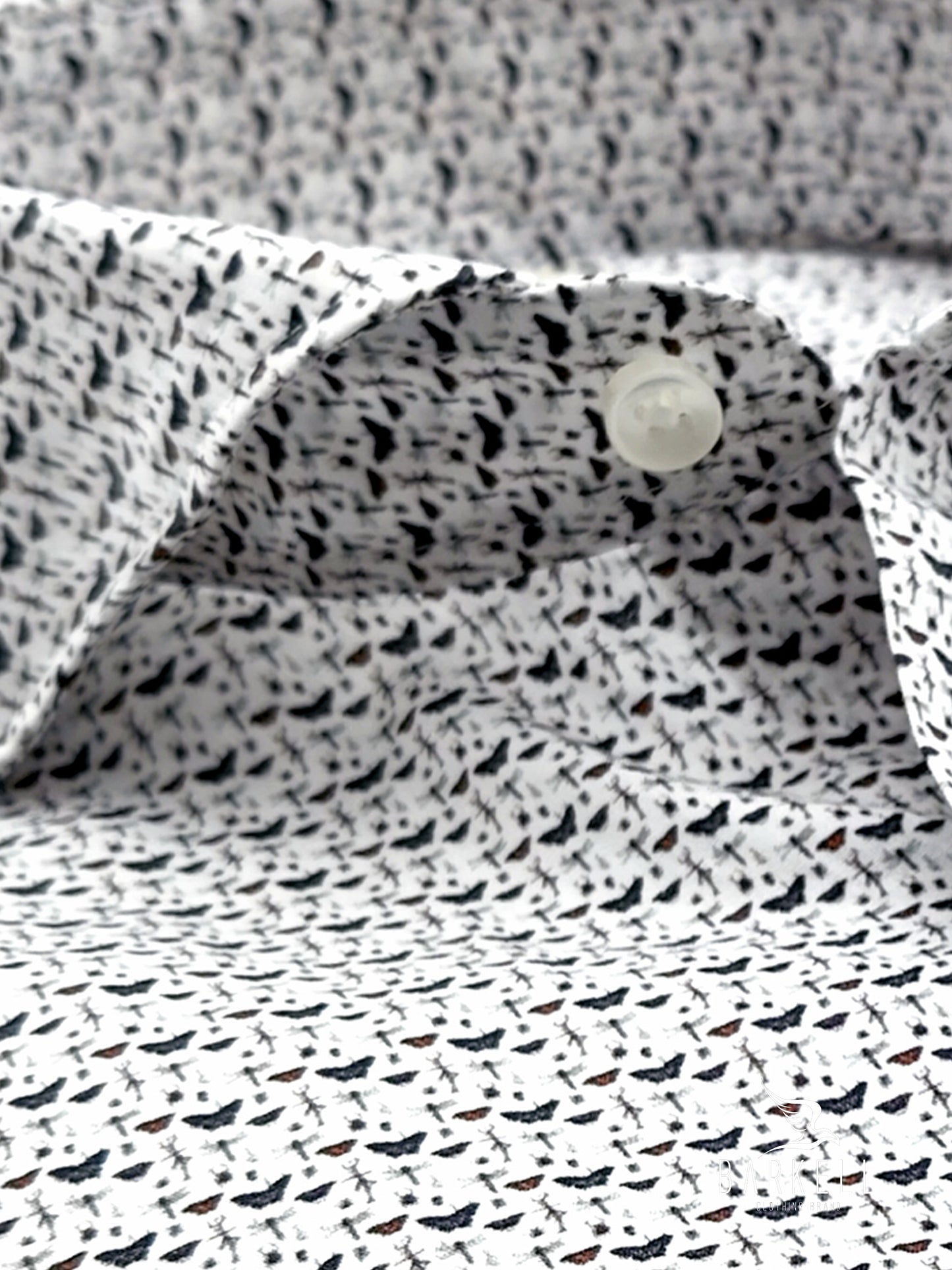White Geometric Pattern Cotton Shirt with Purple Bottom Cutaway Spread Collar