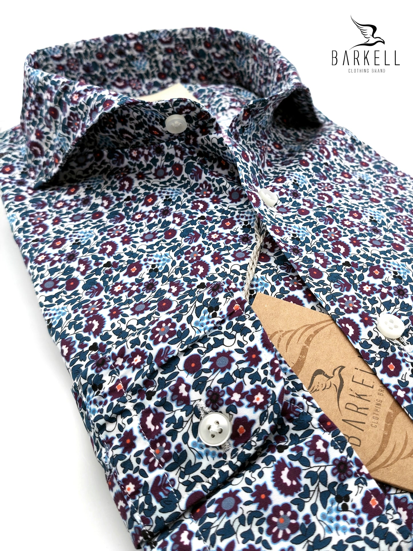 Cotton Shirt with Multicolored Flower Pattern, Light Blue Background, Cutaway Spread Collar