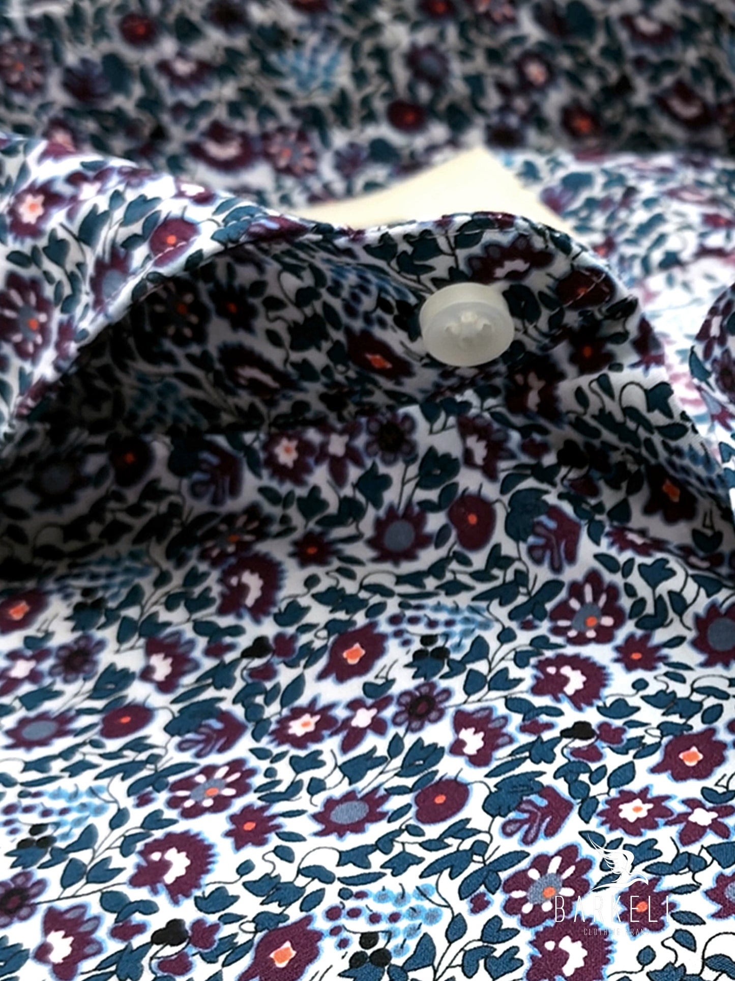 Cotton Shirt with Multicolored Flower Pattern, Light Blue Background, Cutaway Spread Collar