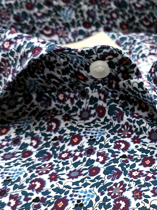 Camicia in Cotone Fantasia Fiorellini Multicolore Fondo Celeste Collo Francese Cutaway
