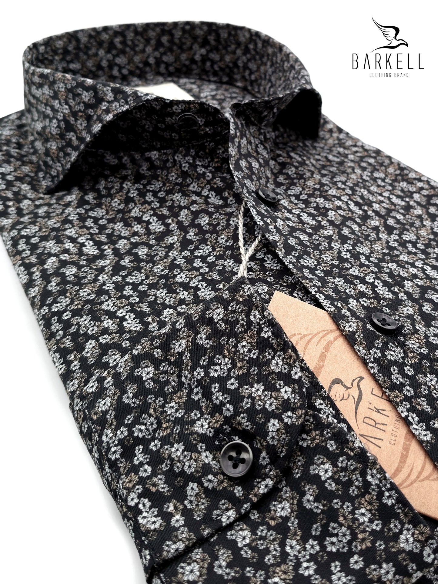Cotton Shirt with Multicolored Flowers Pattern on Black Background with Cutaway Spread Collar