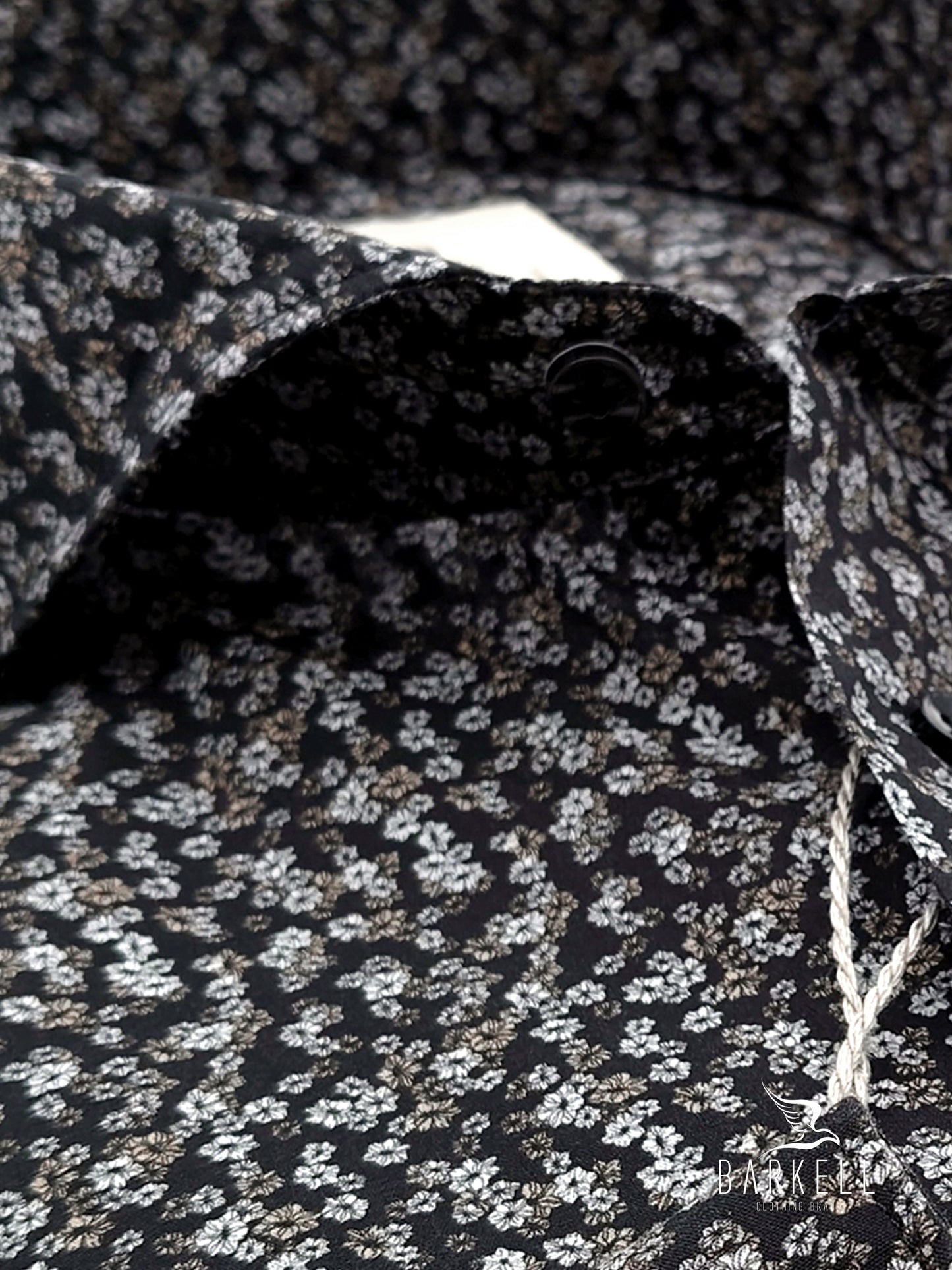 Cotton Shirt with Multicolored Flowers Pattern on Black Background with Cutaway Spread Collar