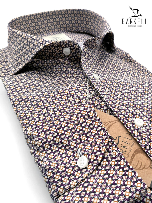 Camicia in Cotone Fantasia Geometrica Ocra e Bordò Fondo Blu Collo Francese Cutaway