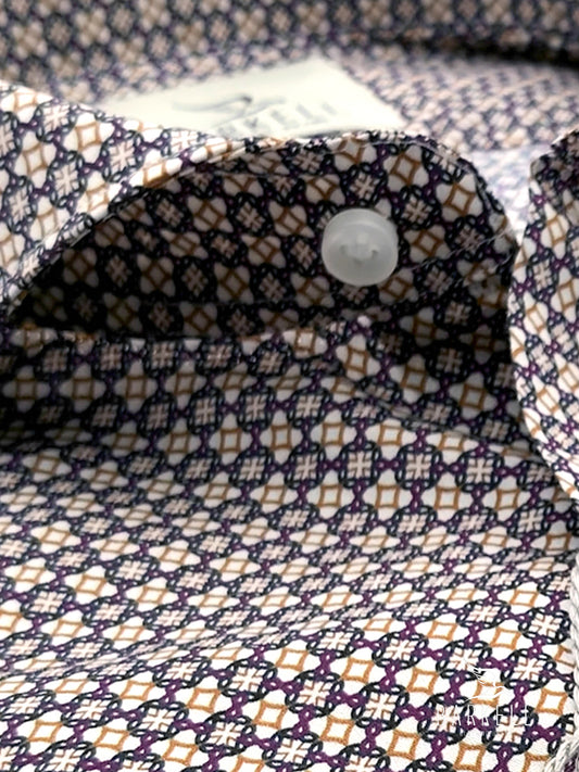 Cotton Shirt with Blue and Hazelnut Geometric Pattern on White Background with Cutaway Spread Collar