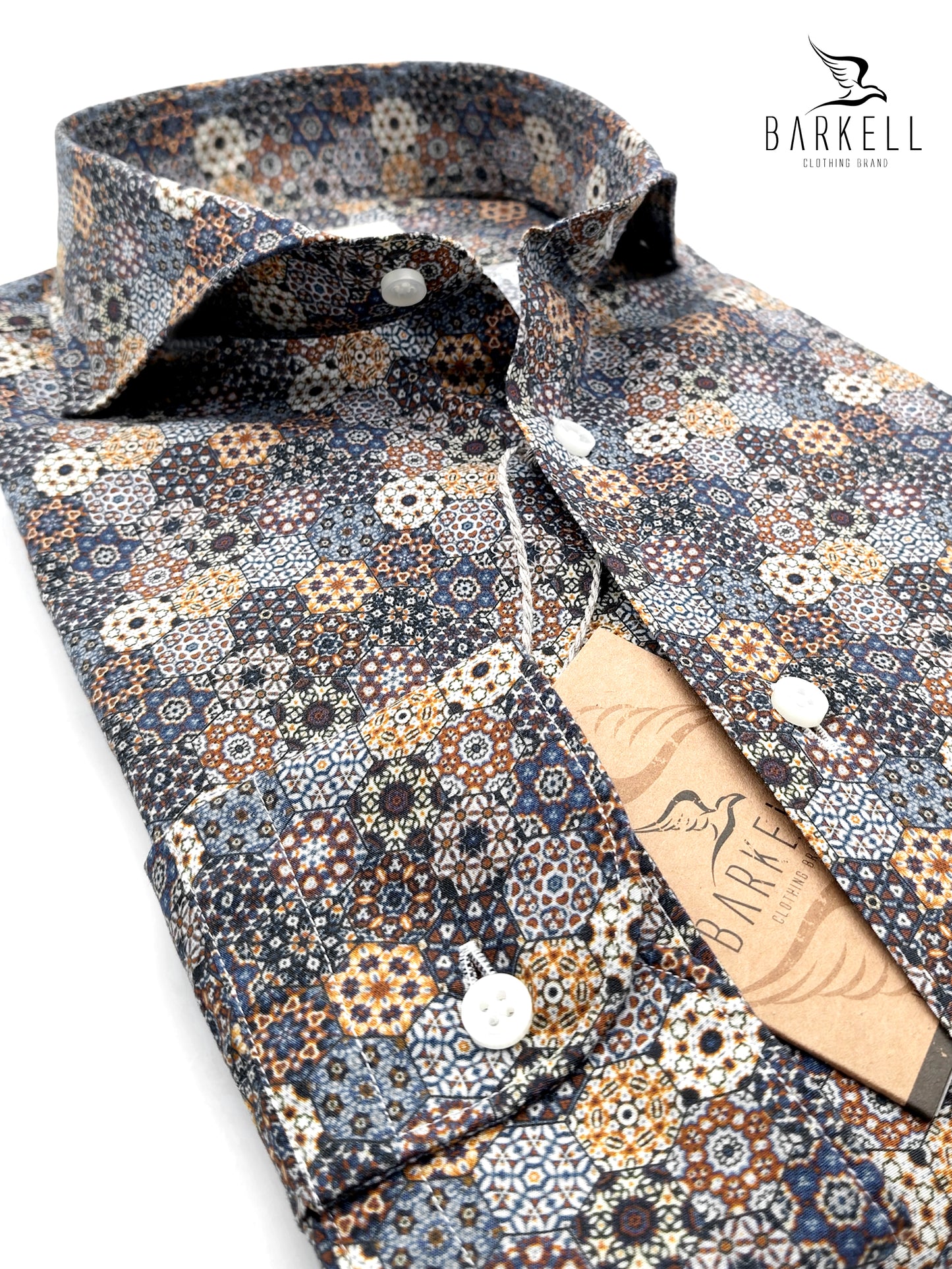 White Geometric Pattern Cotton Shirt with Purple Bottom Cutaway Spread Collar