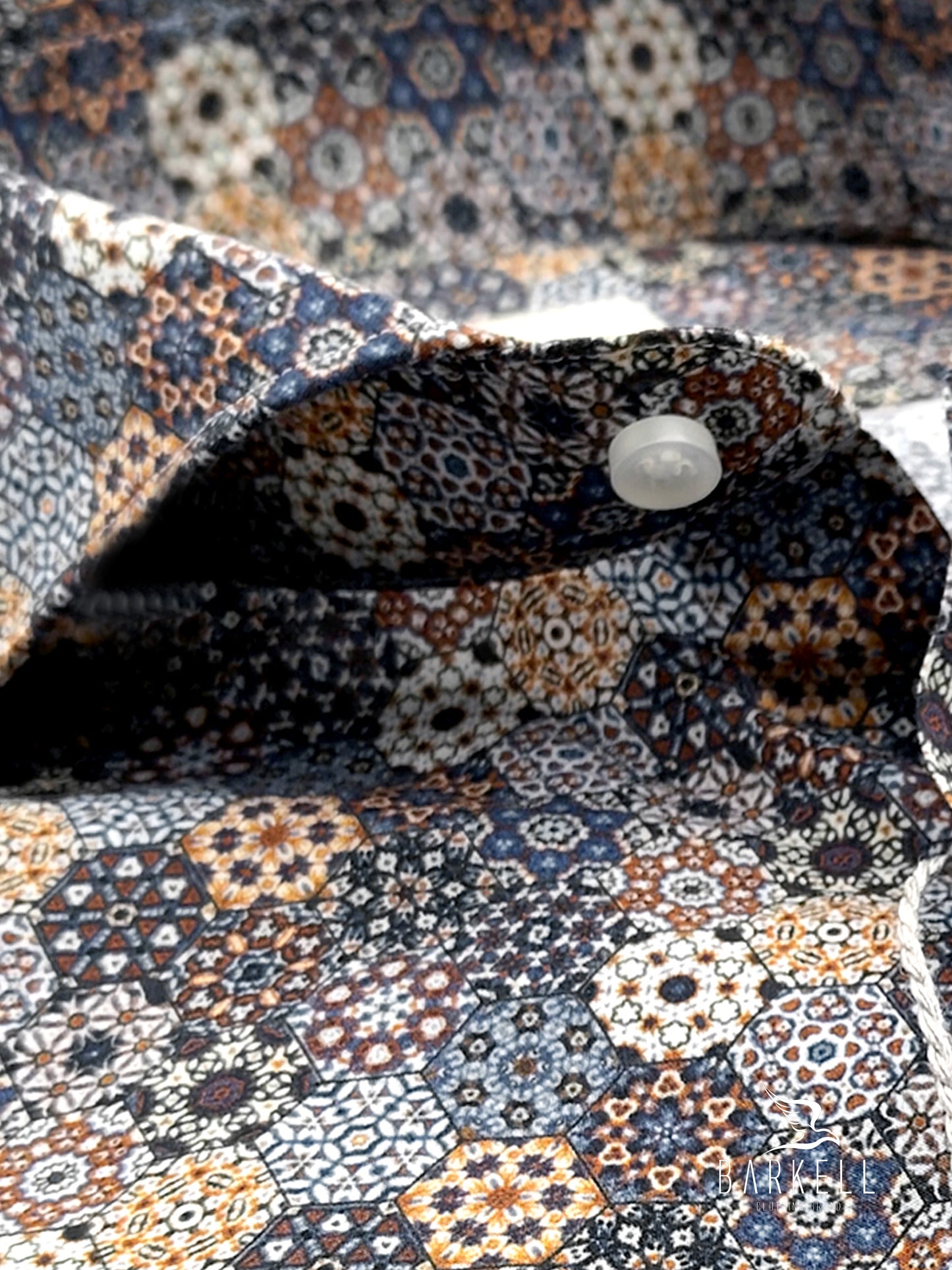 White Geometric Pattern Cotton Shirt with Purple Bottom Cutaway Spread Collar