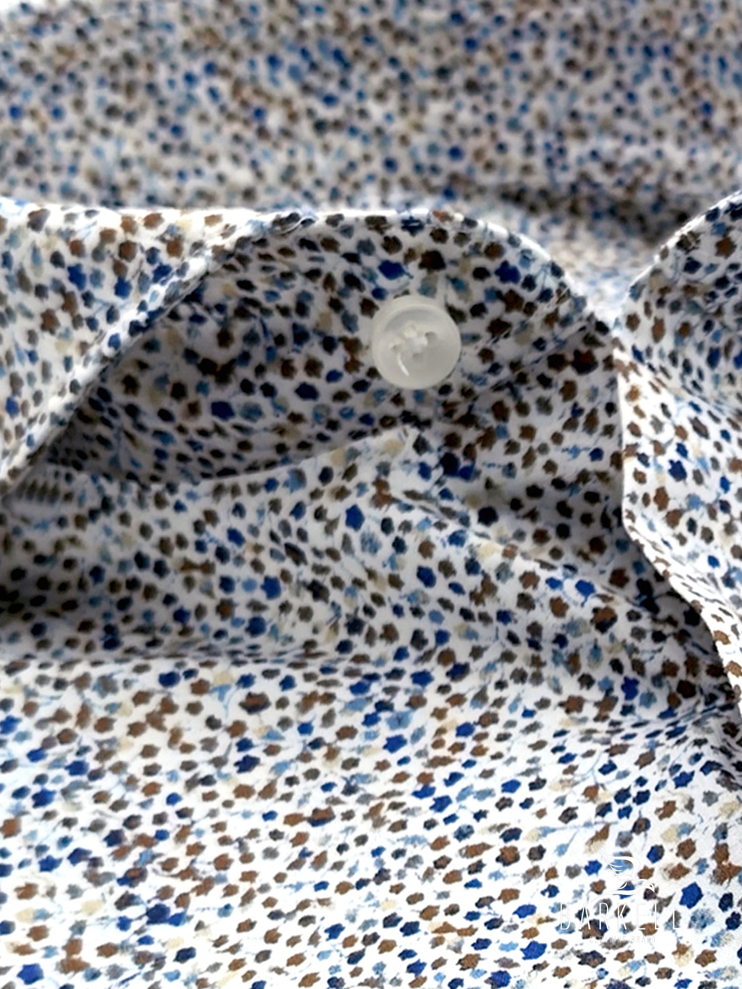 Cotton Shirt with Multicolored Flowers Pattern on White Background with Cutaway Spread Collar