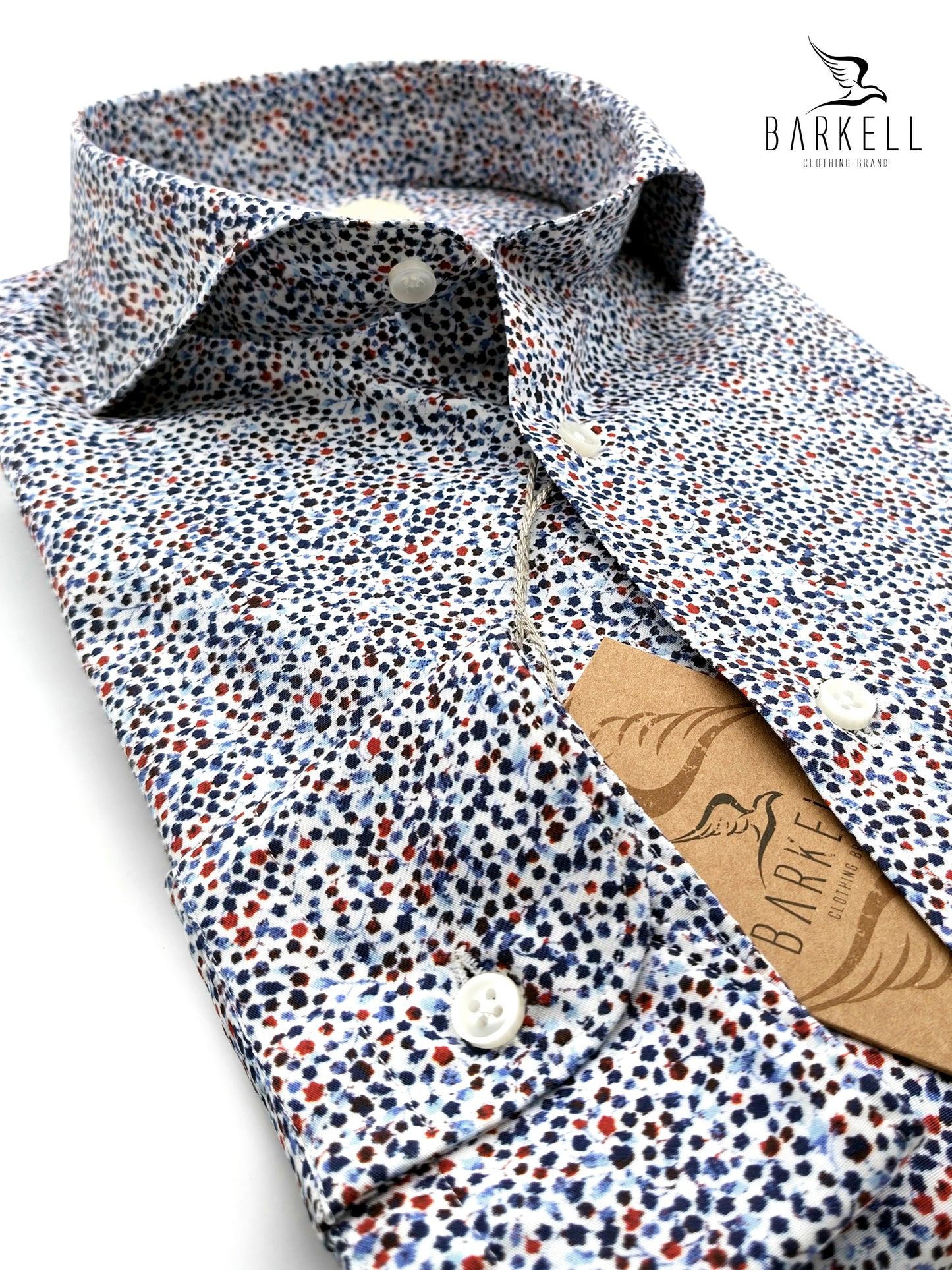 Cotton Shirt with Multicolored Flowers Pattern on White Background with Cutaway Spread Collar