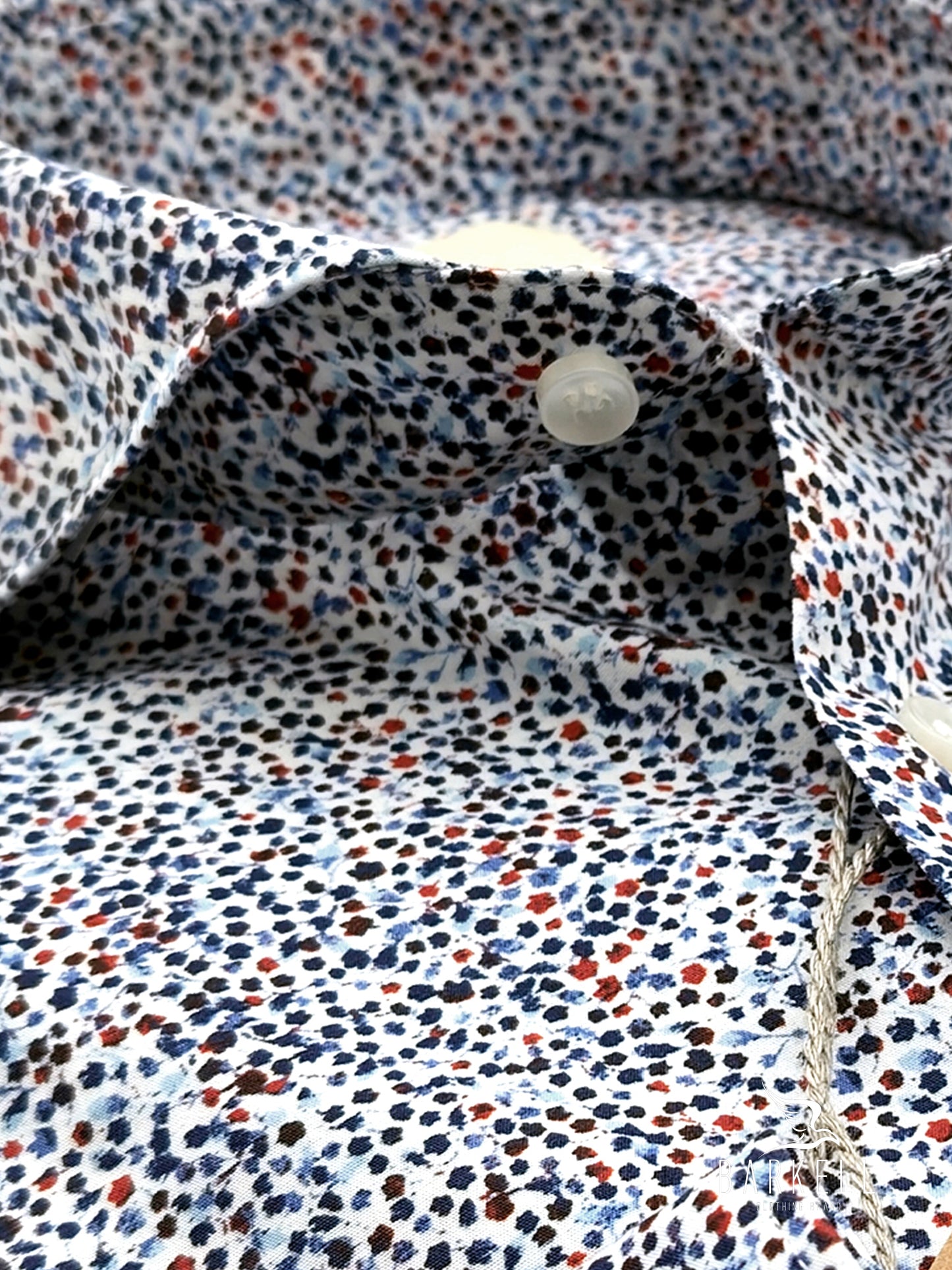 Cotton Shirt with Multicolored Flowers Pattern on White Background with Cutaway Spread Collar