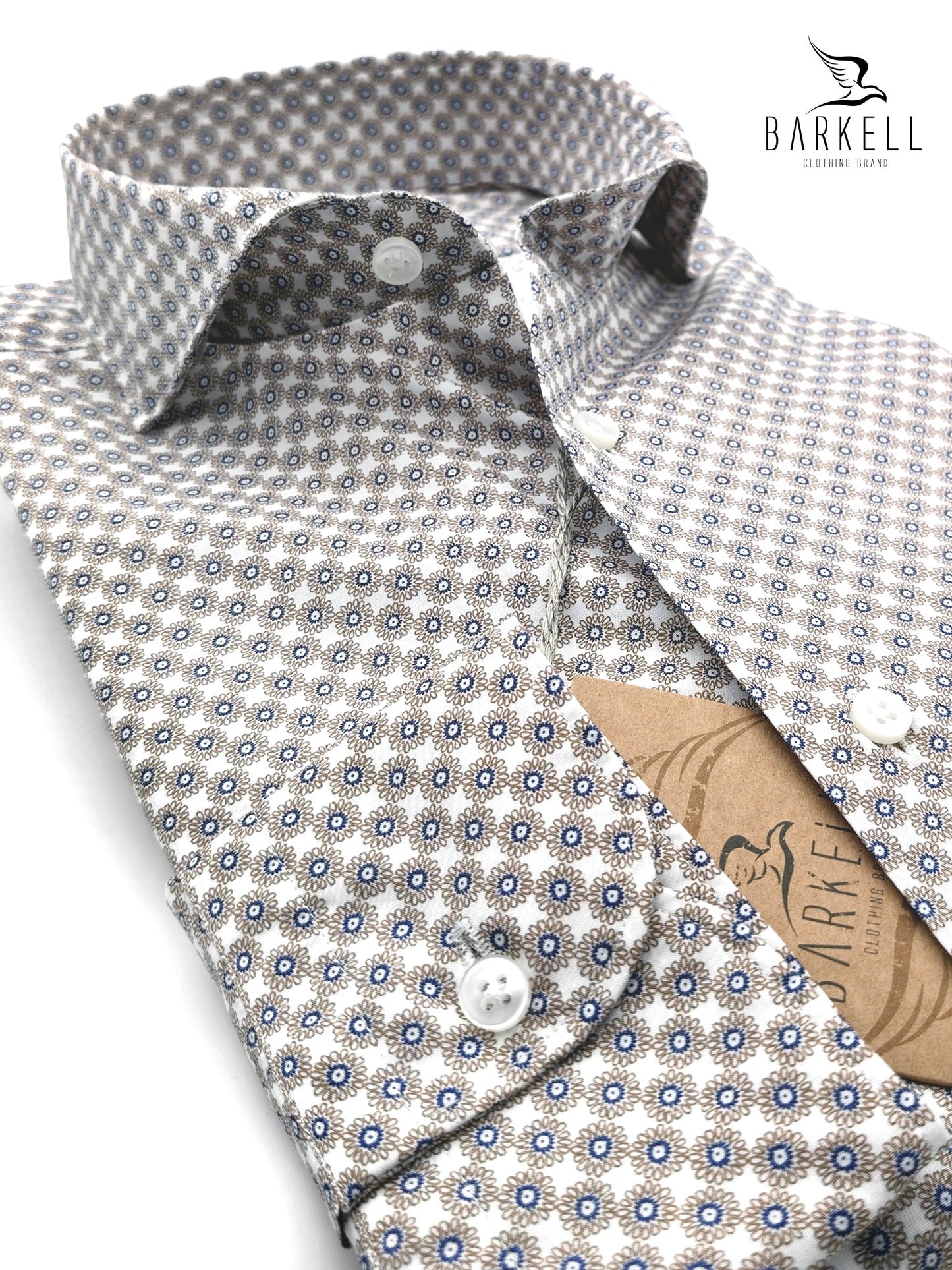 Cotton Shirt with Blue and Hazelnut Geometric Pattern on White Background with Cutaway Spread Collar