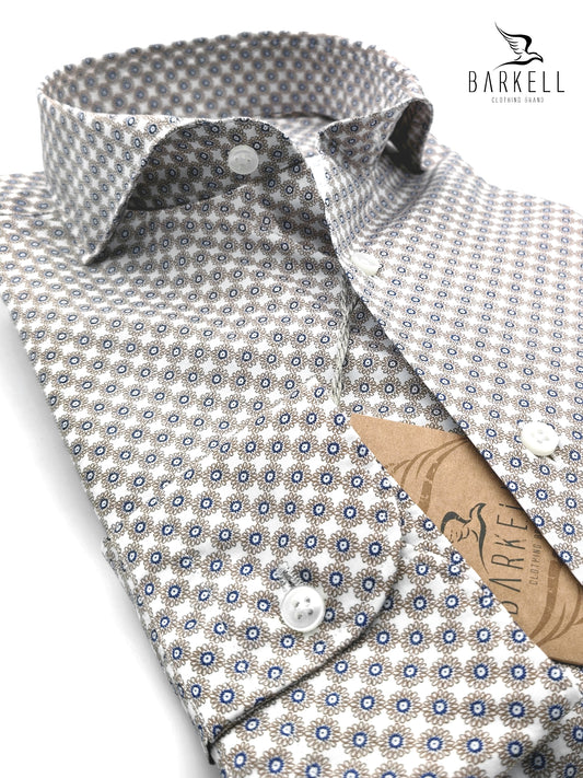 Camicia in Cotone Fantasia Geometrica Sabbia Blu Fondo Bianco Collo Francese Cutaway