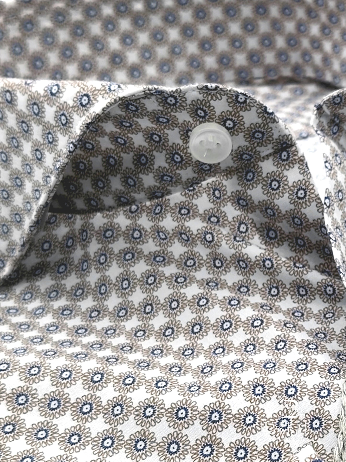 Cotton Shirt with Blue and Hazelnut Geometric Pattern on White Background with Cutaway Spread Collar