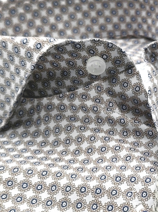 Cotton Shirt with Blue and Hazelnut Geometric Pattern on White Background with Cutaway Spread Collar