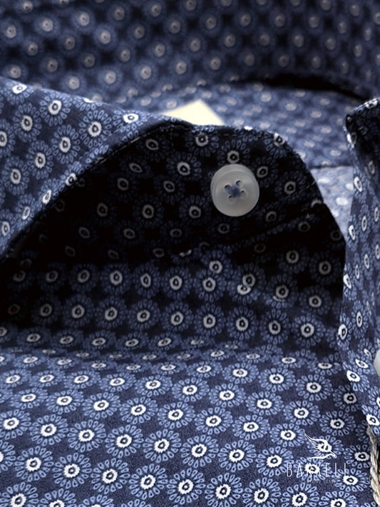Cotton Shirt with Blue and Hazelnut Geometric Pattern on White Background with Cutaway Spread Collar