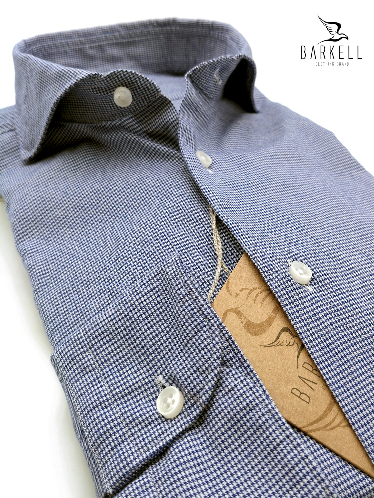 Cotton Shirt with Blue Houndstooth Pattern on White Background with Cutaway Spread Collar