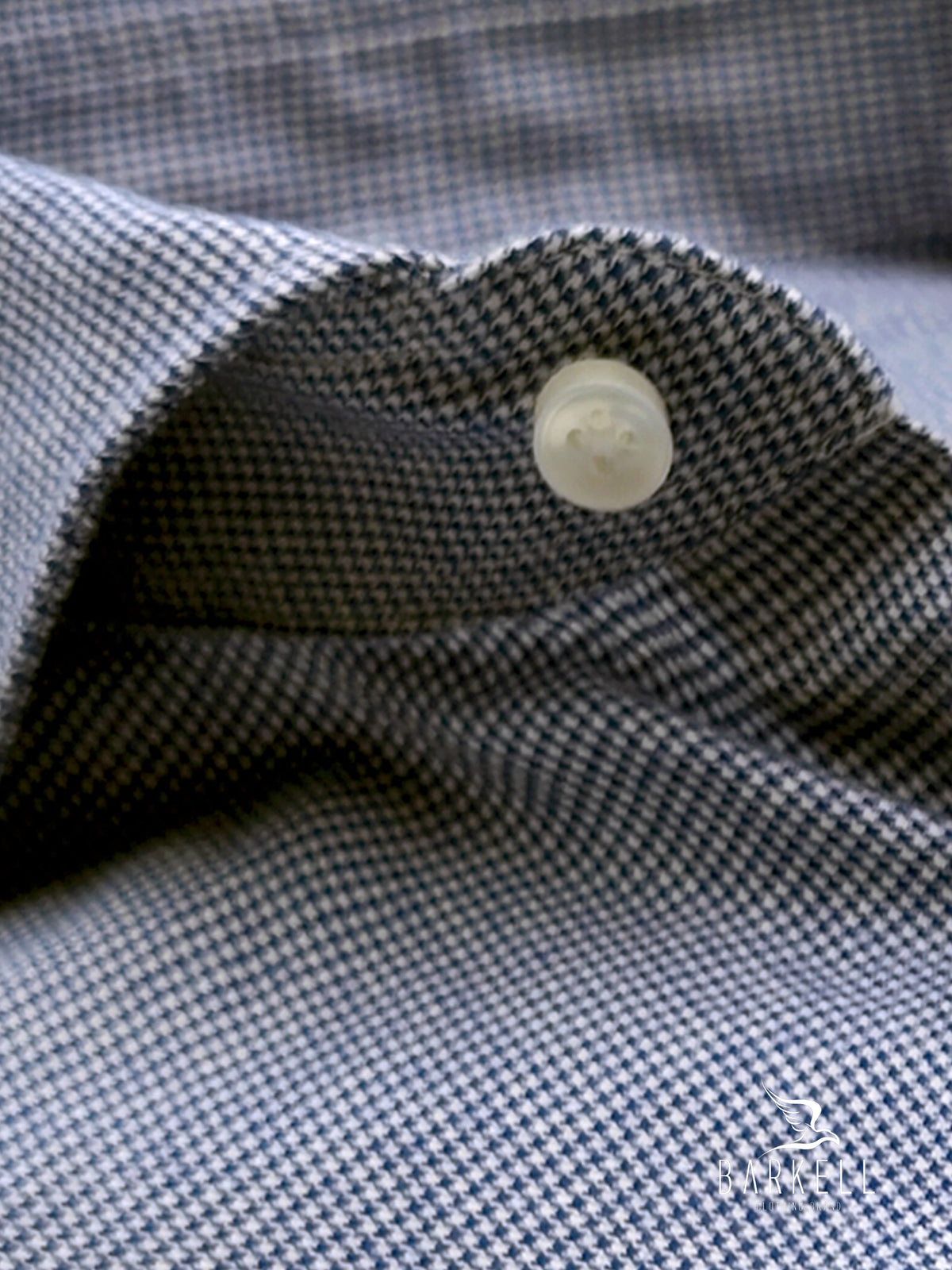 Cotton Shirt with Blue Houndstooth Pattern on White Background with Cutaway Spread Collar