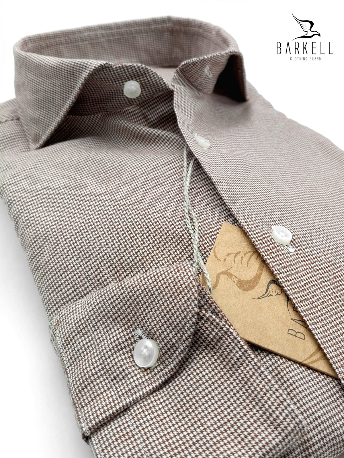 Cotton Shirt with Brown Houndstooth Pattern on White Background with Cutaway Spread Collar
