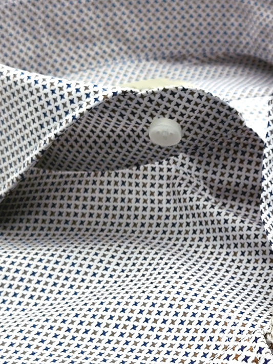Cotton Shirt with Blue and Hazelnut Geometric Pattern on White Background with Cutaway Spread Collar