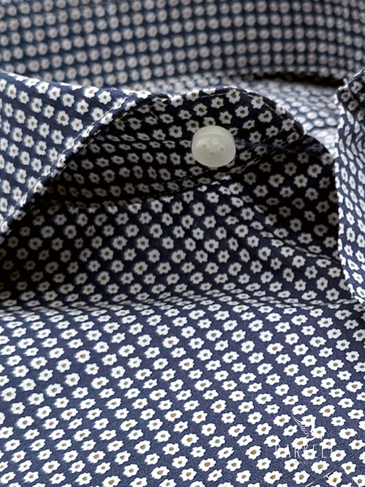 Cotton Shirt with Blue and Hazelnut Geometric Pattern on White Background with Cutaway Spread Collar