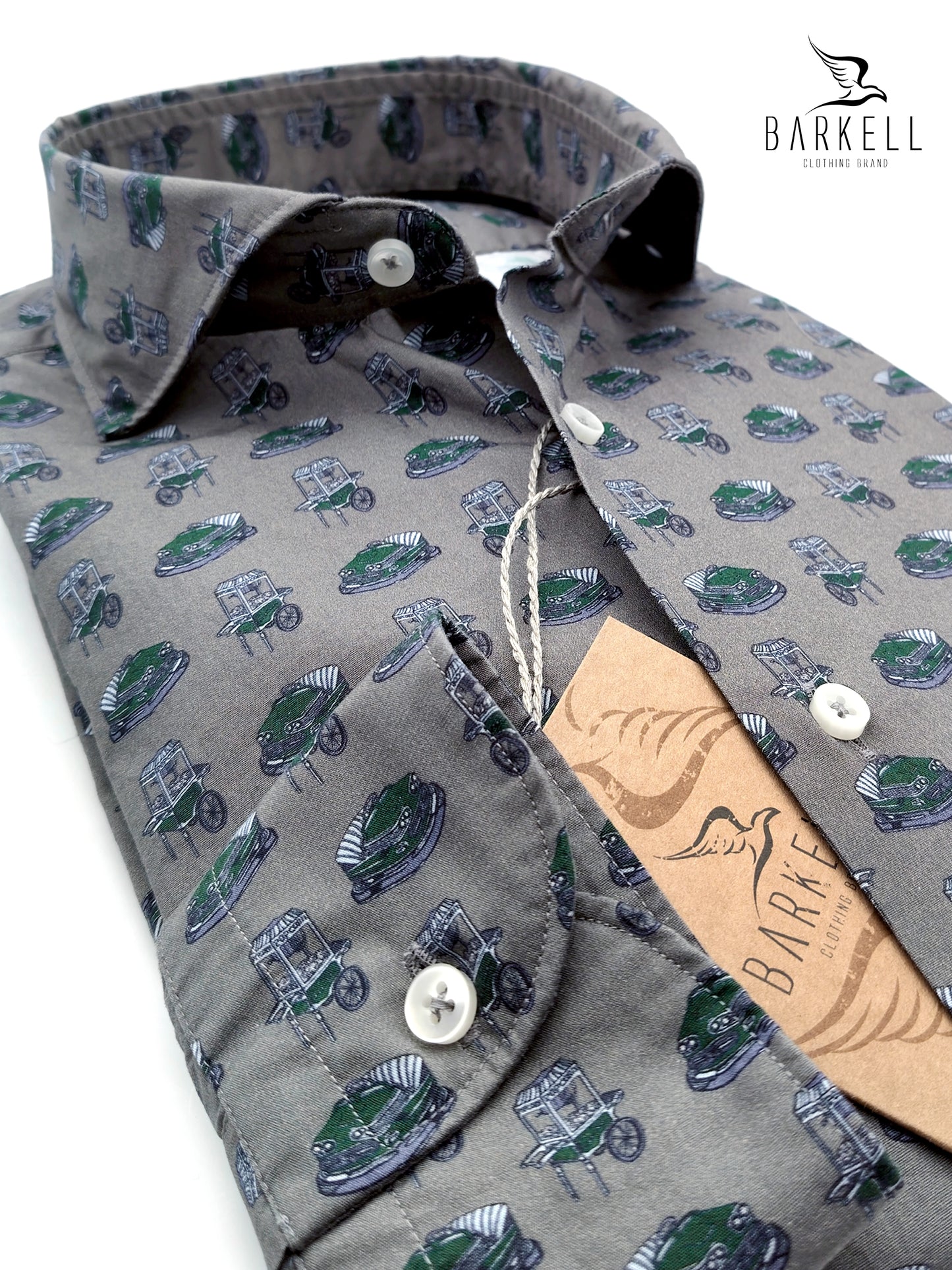 Camisa de algodón con estampado Luna Park verde y cuello francés italiano con fondo gris