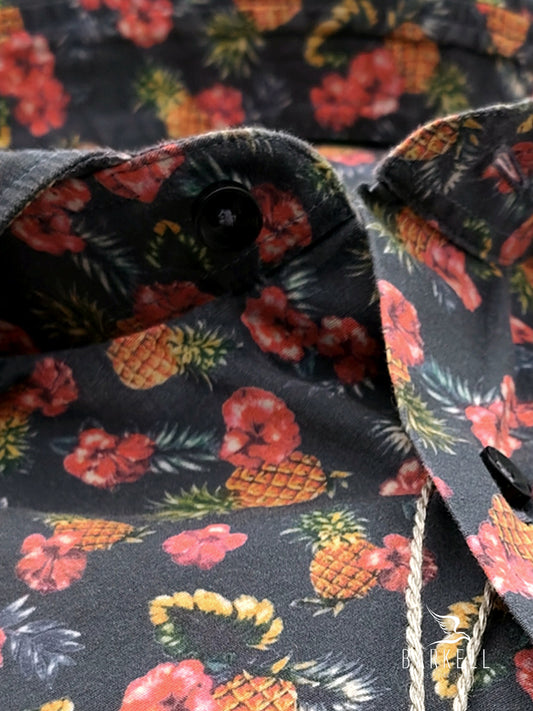 Camisa de algodón con estampado de piñas multicolor y cuello italiano con fondo gris
