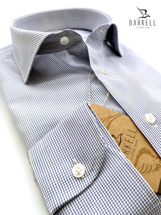 Camicia in Cotone No Stiro Quadrettino Blu Fondo Bianco Collo Francese