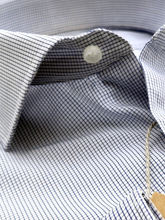 Camicia in Cotone No Stiro Quadrettino Blu Fondo Bianco Collo Francese