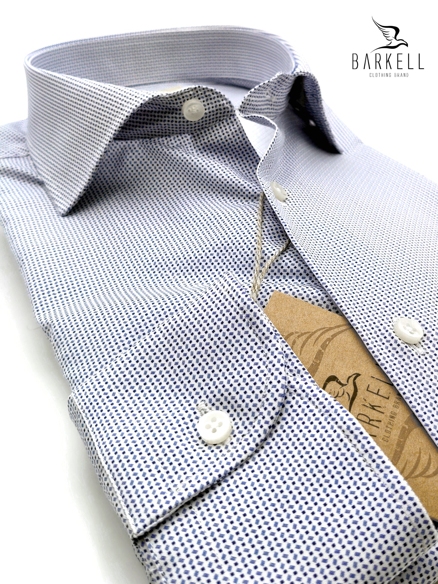 Camicia in Cotone Microfantasia Geometrica Celeste e Blu Fondo Bianco Collo Francese