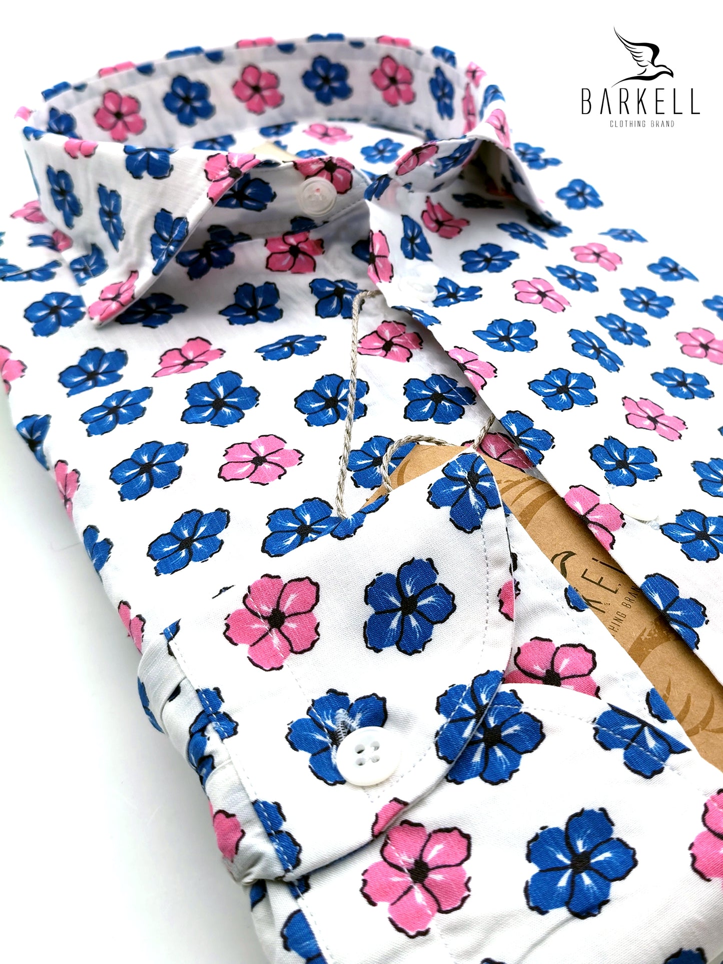 Camicia in Cotone Fantasia Fiori Rosa e Azzurri Fondo Bianco Collo Francese Piccolo