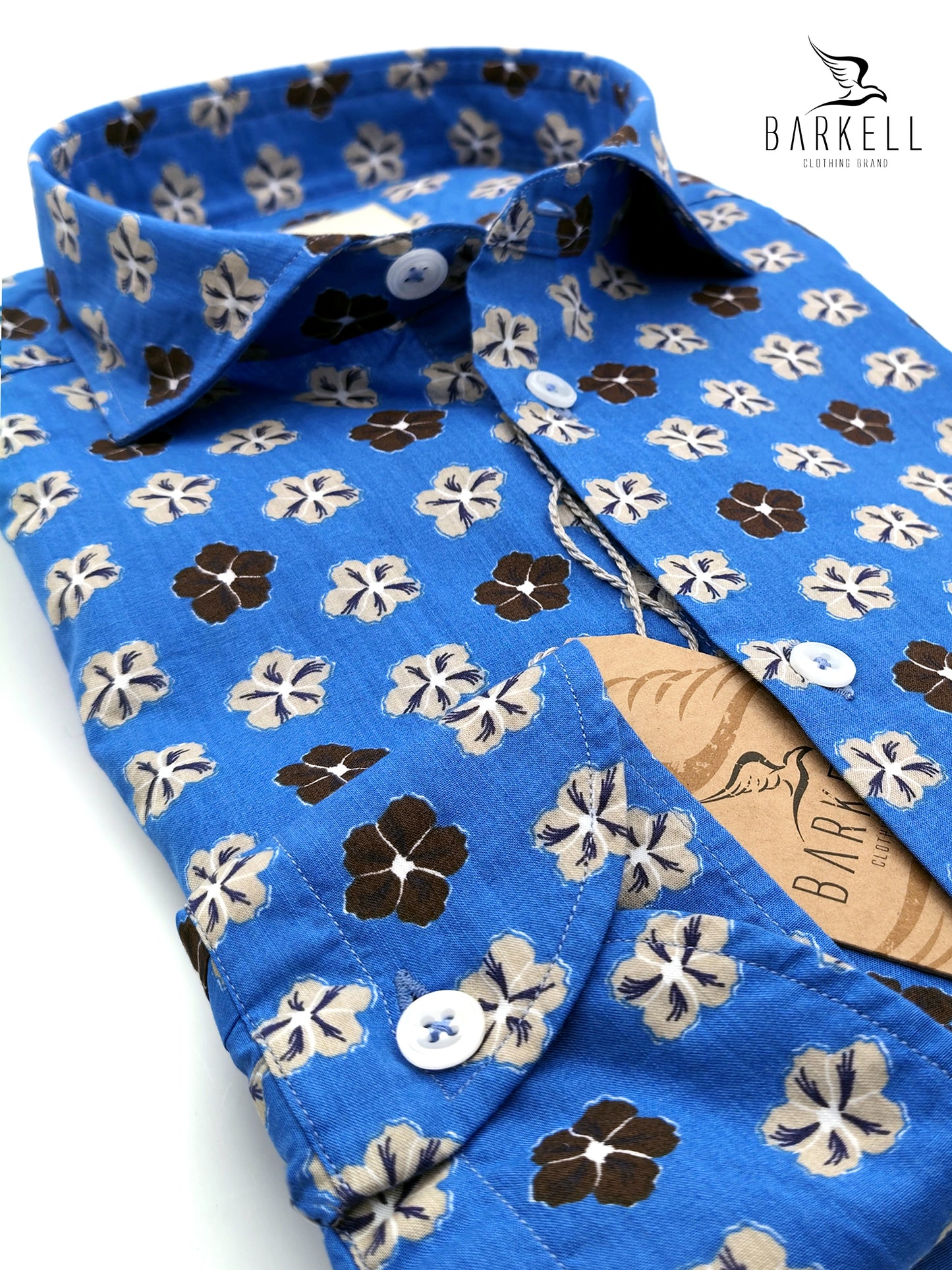 Camicia in Cotone Fantasia Fiori Sabbia e Marroni Fondo Azzurro Collo Francese Piccolo