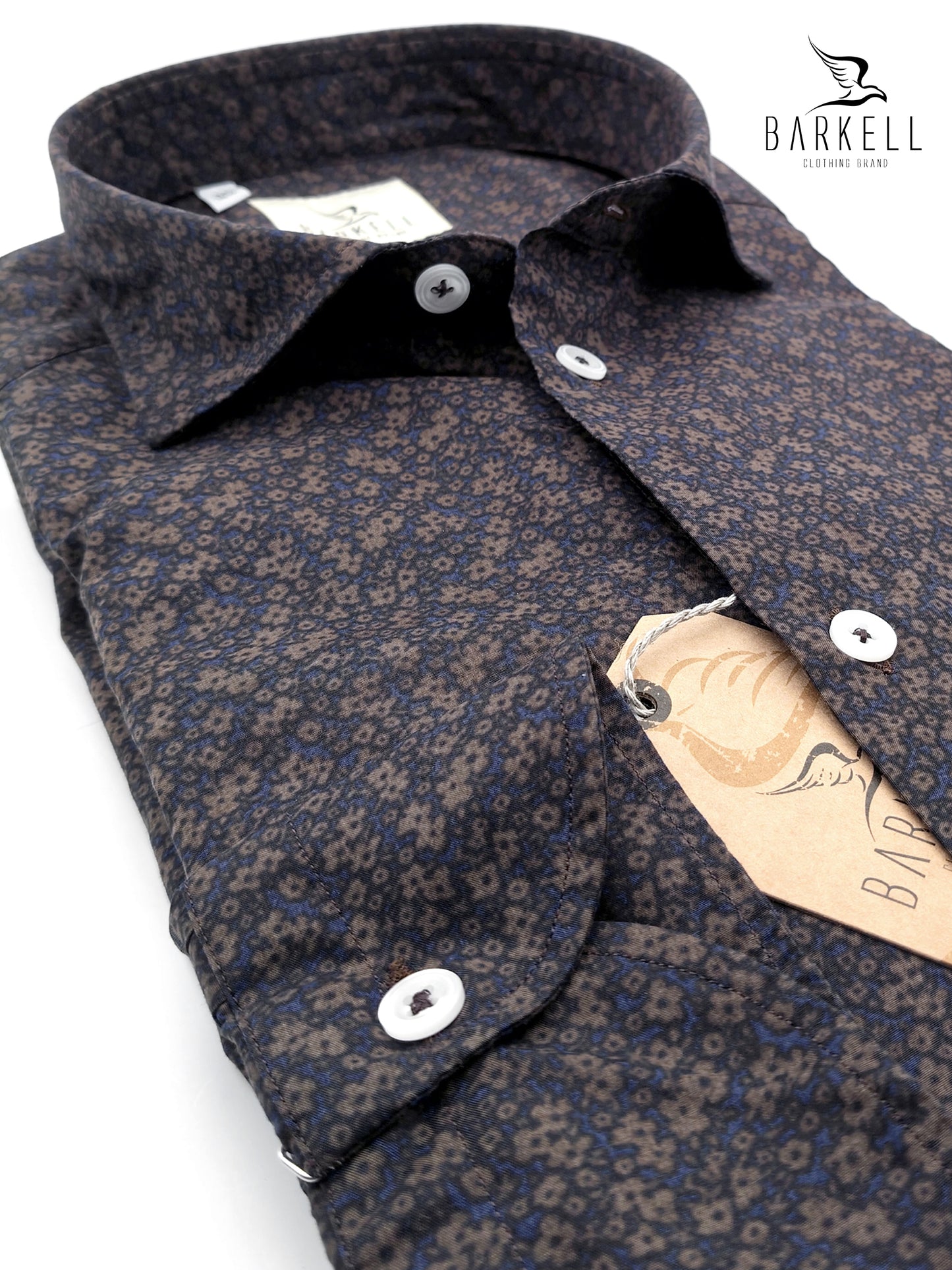 Camicia in Cotone Fantasia Fiorellini Marroni Fondo Blu Collo Francese Piccolo