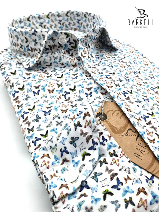 Camicia in Cotone Fantasia Farfalle Multicolore Fondo Bianco Collo Francese Piccolo
