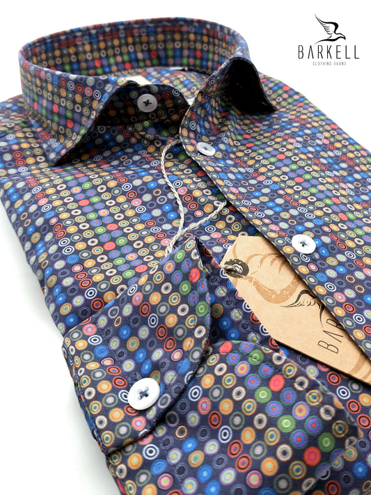 Camicia in Cotone Fantasia Cerchi Anni 70 Multicolore Fondo Blu Collo Francese Piccolo