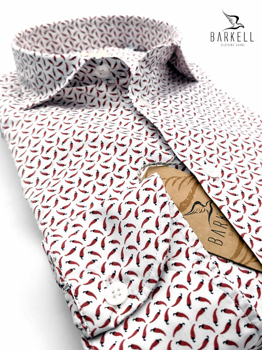 Camicia in Cotone Fantasia Peperoncino Rosso Fondo Bianco Collo Francese Piccolo