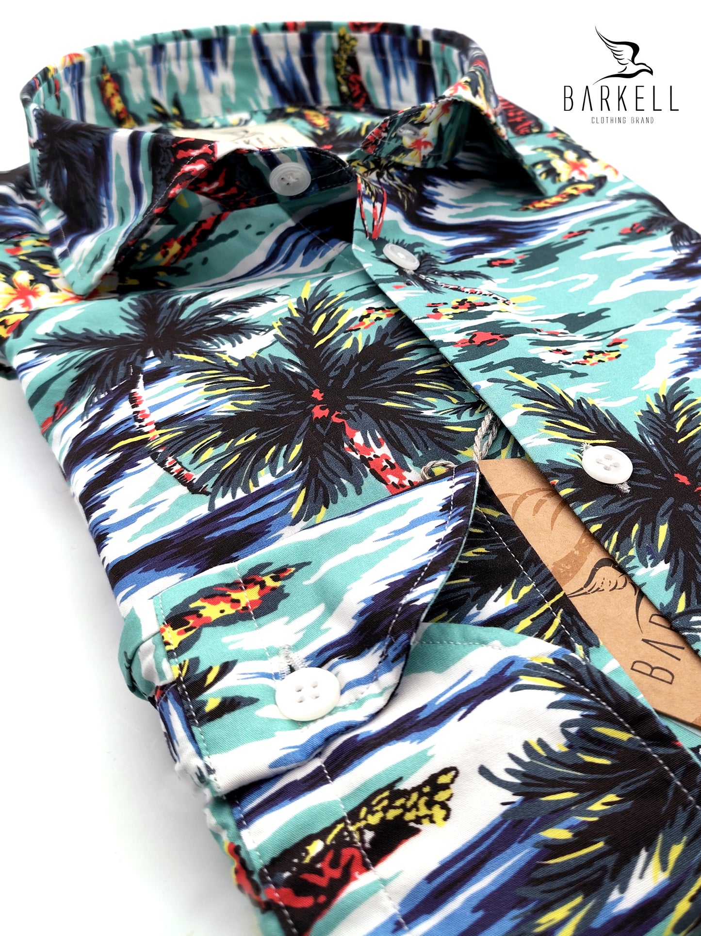 Camicia in Cotone Fantasia Hawaii Fondo Multicolor Collo Francese Piccolo