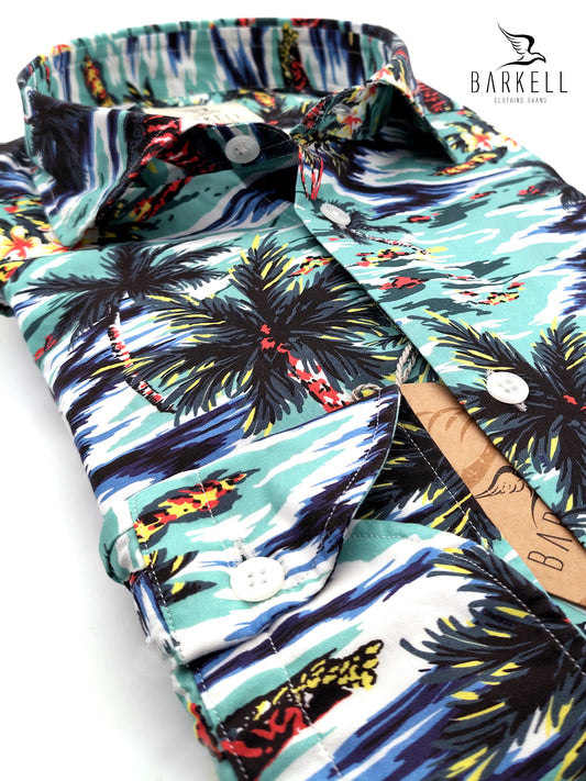 Camicia in Cotone Fantasia Hawaii Fondo Multicolor Collo Francese Piccolo
