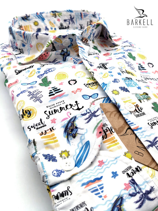 Camicia in Cotone Fantasia Summer Multicolore Fondo Bianco Collo Francese Piccolo