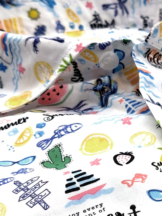 Camicia in Cotone Fantasia Summer Multicolore Fondo Bianco Collo Francese Piccolo