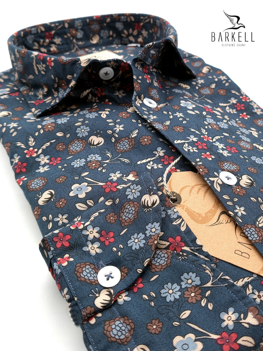 Camisa de algodón con estampado Paisley multicolor, fondo petróleo, cuello italiano pequeño
