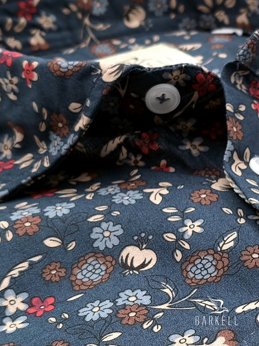 Camisa de algodón con estampado Paisley multicolor, fondo petróleo, cuello italiano pequeño